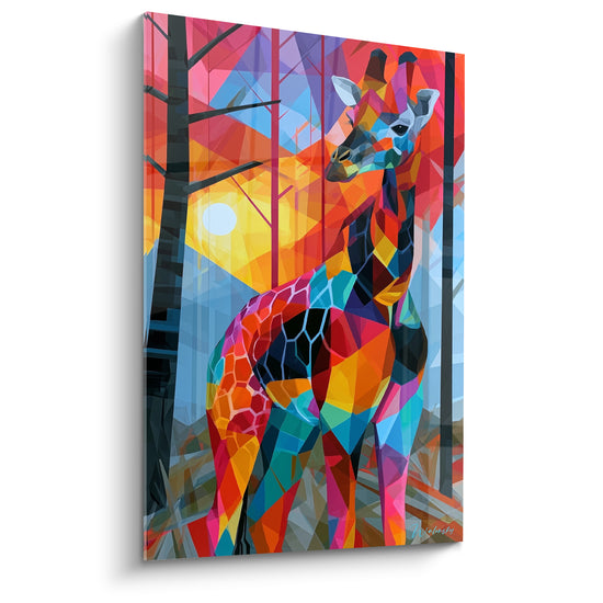 Girafe géométrique orange et turquoise, tête tournée vers un soleil doré éclatant