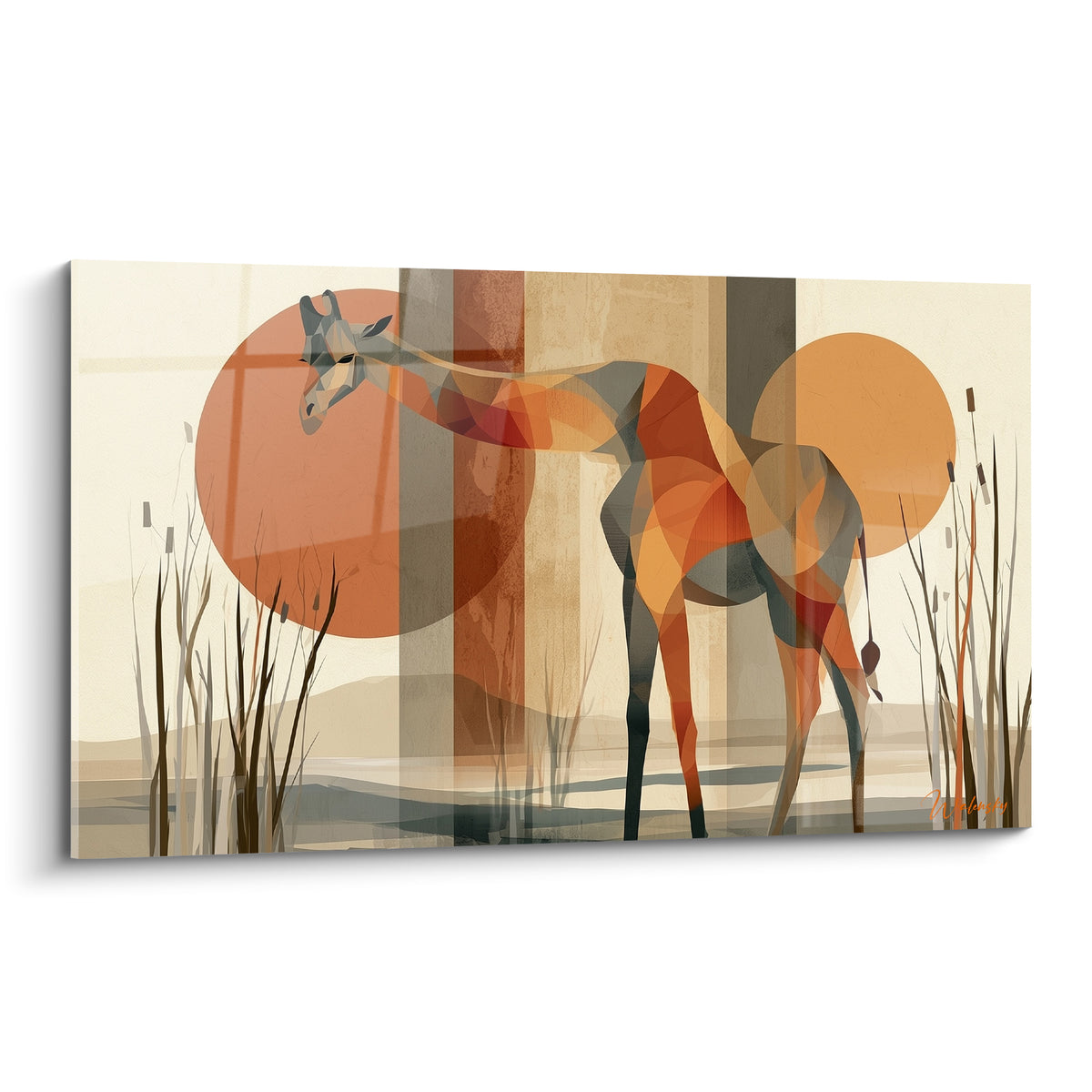Girafe géométrique penchée en terracotta et anthracite devant deux soleils orangés