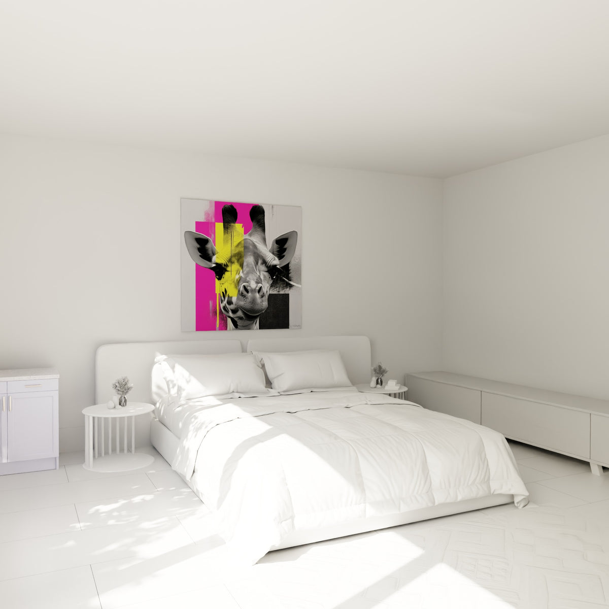 Museau de girafe éclaboussé de jaune fluo et rose vif, accroché au-dessus d'un lit dans une chambre claire