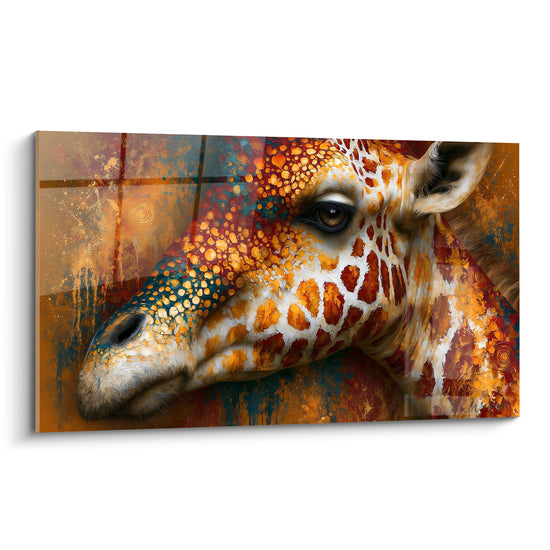 Girafe au regard sombre, pelage ocre et bleu pétrole texturé façon fresque patinée