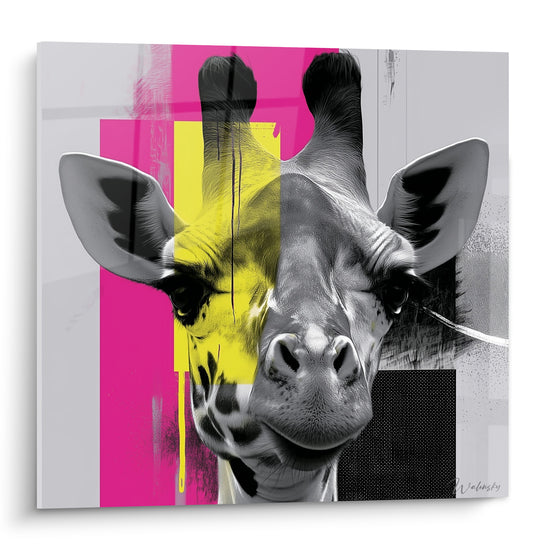 Girafe en noir et blanc traversée de bandes roses fuchsia et jaunes fluo, style pop art graphique