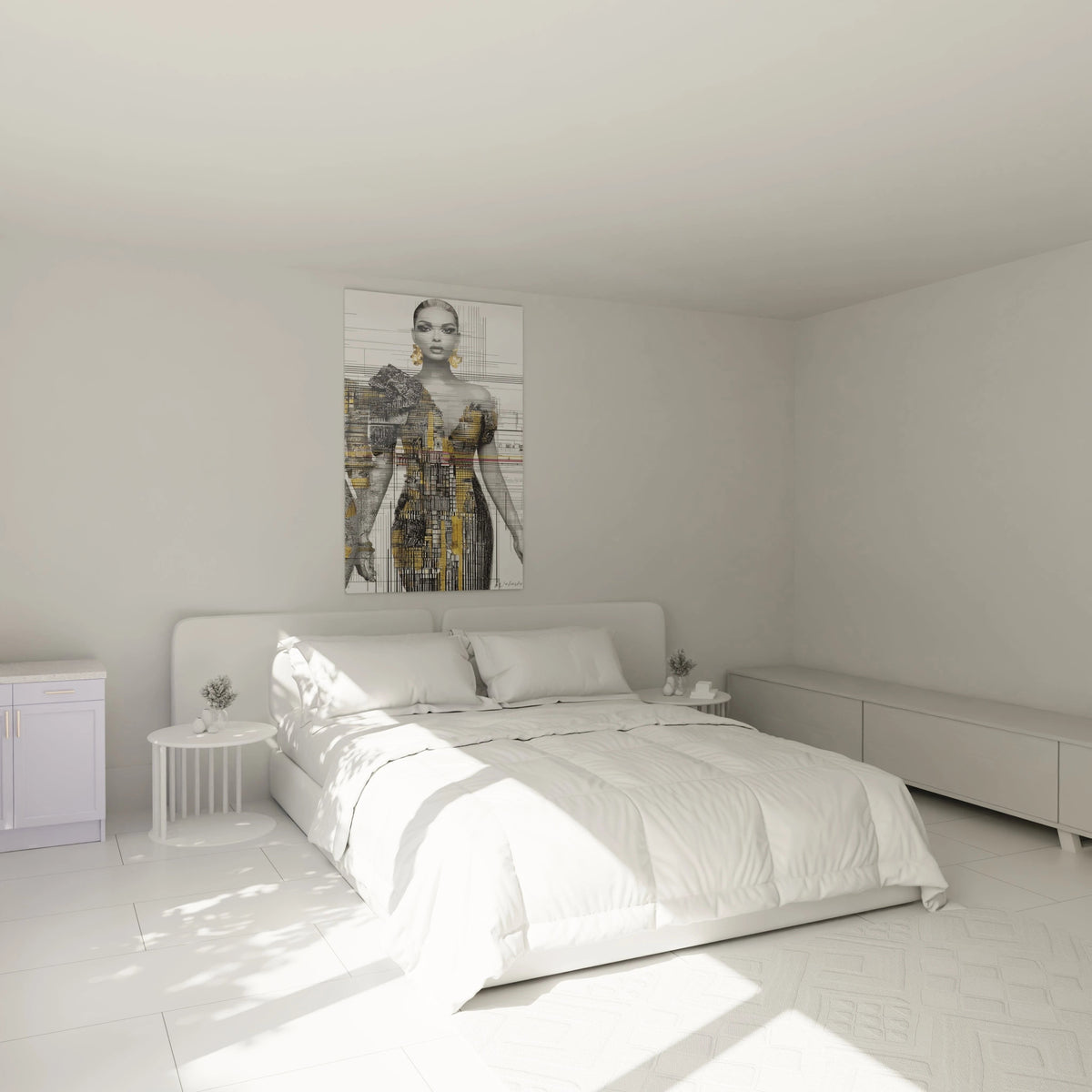 Tableau mural glitch art haute couture représentant un modèle dans une chambre moderne et lumineuse
