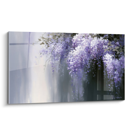 Glycine mauve et blanche en cascade suspendue sur fond gris brumeux, style pictural raffiné