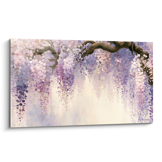 Glycine mauve et rose en cascade sur branche brune noueuse, style aquarelle délicat