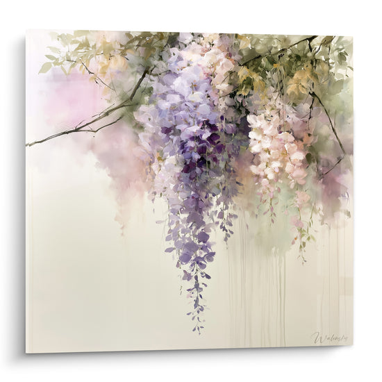 Glycine mauve et rose pâle en grappes suspendues, style aquarelle sur fond ivoire lumineux