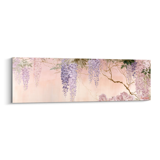 Glycine mauve et rose poudré, grappes suspendues sur fond dégradé pêche et lavande