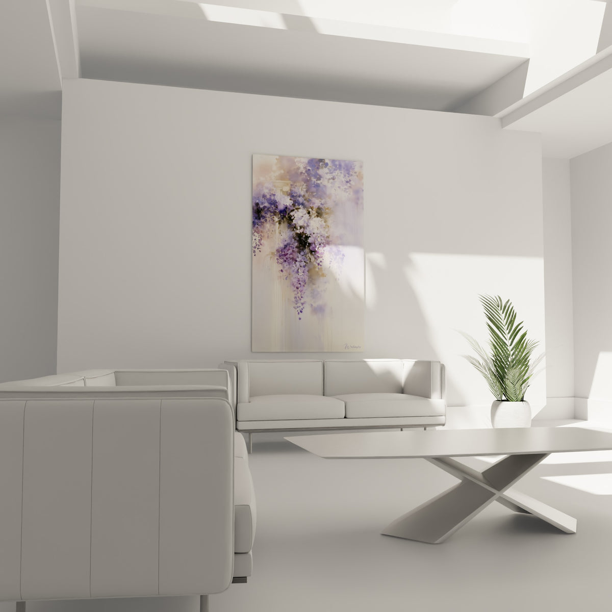 Grappes de glycine violette et blanche accrochées au-dessus d'un canapé dans un salon lumineux