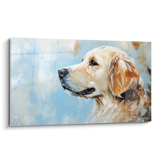 Un tableau Golden Retriever de profil montrant la tête d'un chien au pelage beige doré sur fond bleu ciel. Coups de pinceau visibles créant une texture dynamique, avec des nuances marron foncé définissant les traits du museau et de l'œil.
