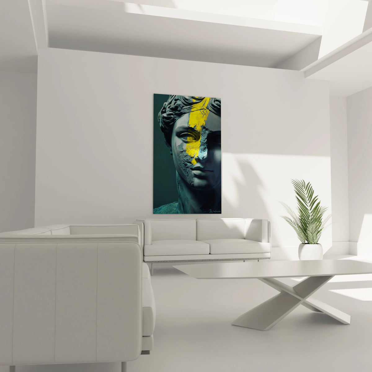 Un tableau statue néoclassique modernisé par une intervention chromatique jaune éclatante. Profil de marbre aux teintes bleu-gris sur fond sombre, détails sculptés en relief avec jeux d'ombres prononcés et traitement texturé évoquant la pierre ancienne.
