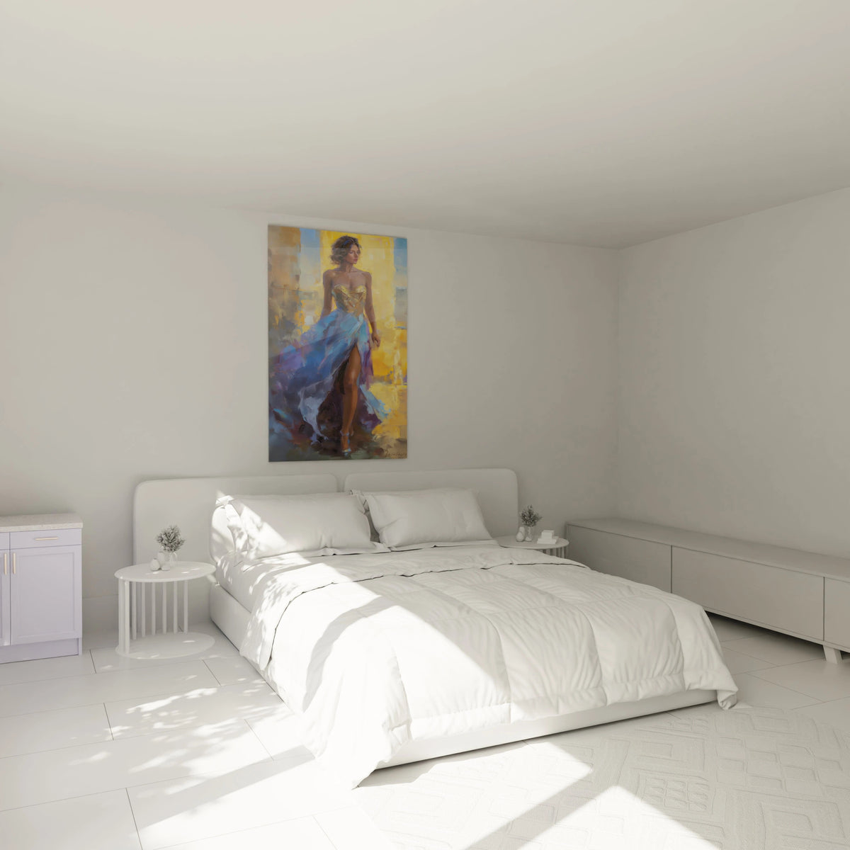Tableau femme élégante de Walensky dans une chambre lumineuse avec un grand lit blanc