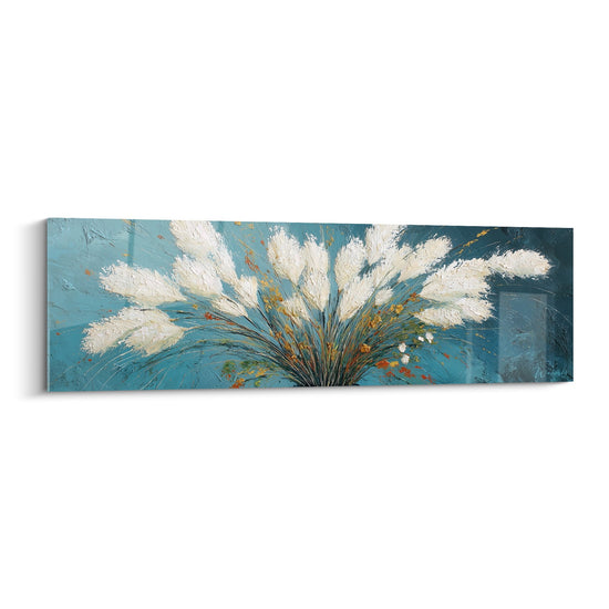 Tableau touffes blanches plumeuses sur fond bleu turquoise avec touches dorées - Élégance végétale - Edition Graminées
