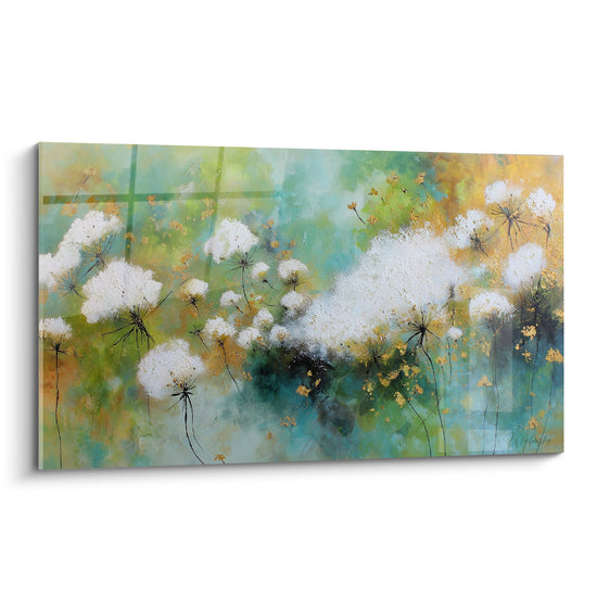 Tableau graminées blanches duveteuses sur fond turquoise et ocre - Art nature moderne décoratif