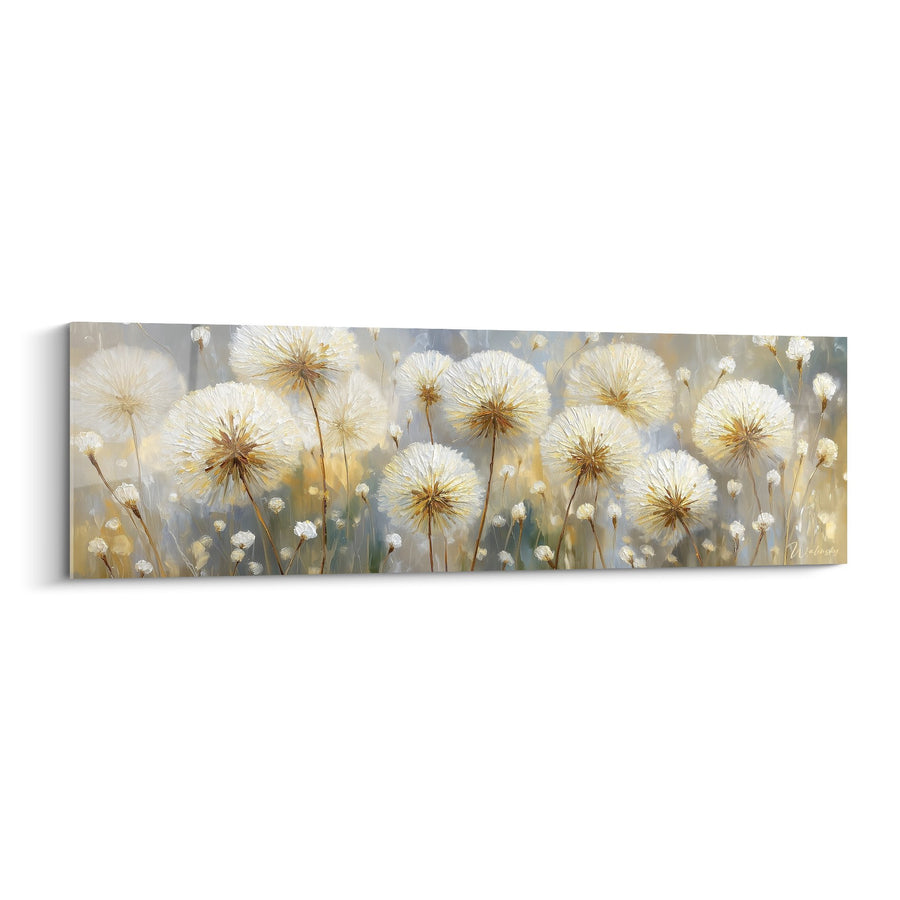 Tableau graminées dorées et blanches aux tiges délicates sur fond nuancé bleu-gris - Champ de lumière - Edition Graminées