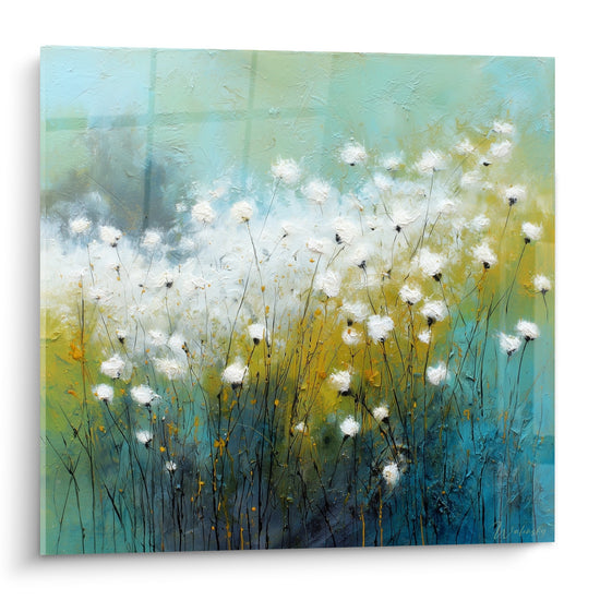 Tableau impressionniste champ graminées fleurs blanches fond bleu-vert peinture nature florale déco murale