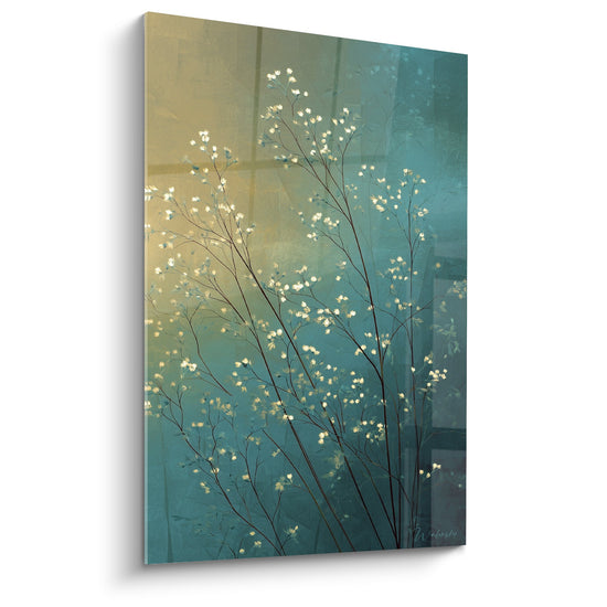 Tableau herbes sauvages fleurs blanches fond turquoise dore decoration murale nature graminées
