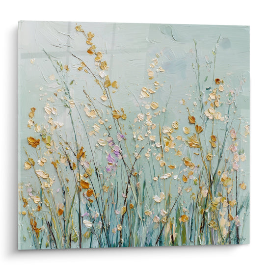 Tableau moderne graminées sauvages tons bleu-vert pastel touches dorées style impressionniste prairie champêtre