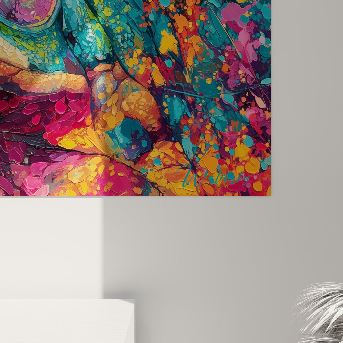 Empâtements épais de peinture turquoise, fuchsia et dorée révélant la matière texturée de l'œuvre
