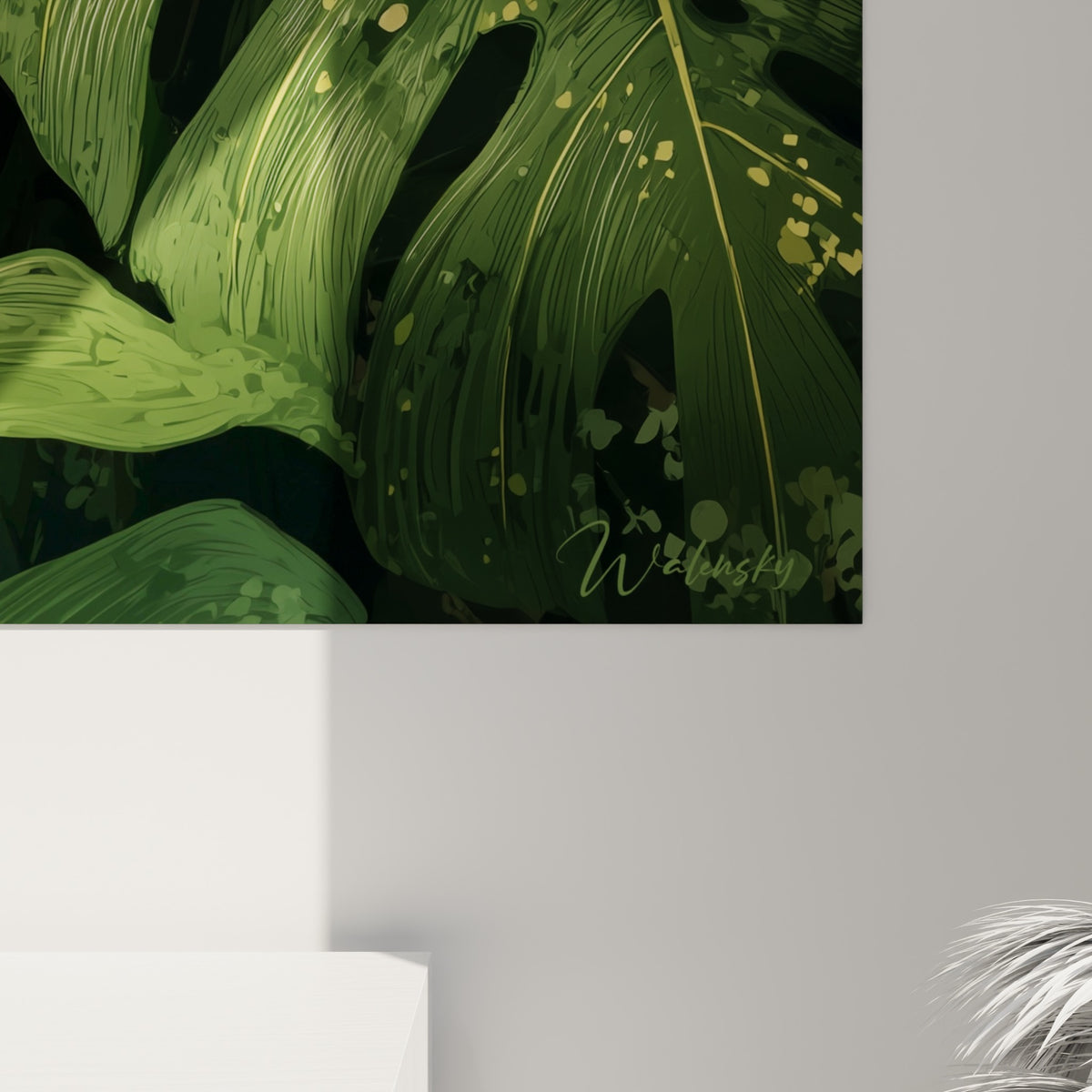 Détail rapproché des textures peintes, nervures dorées et peau mouchetée verte de la grenouille sur toile