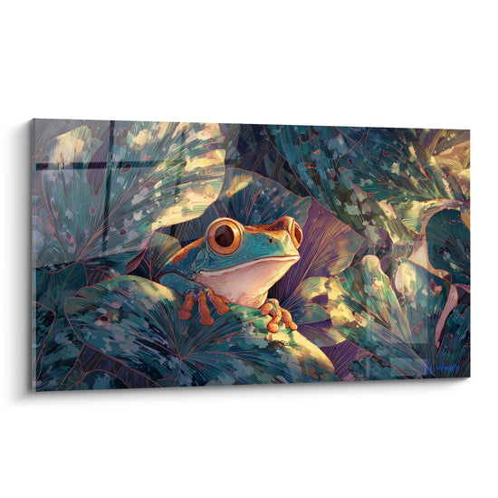 Grenouille aux yeux dorés nichée dans un feuillage bleu turquoise et vert profond illustré
