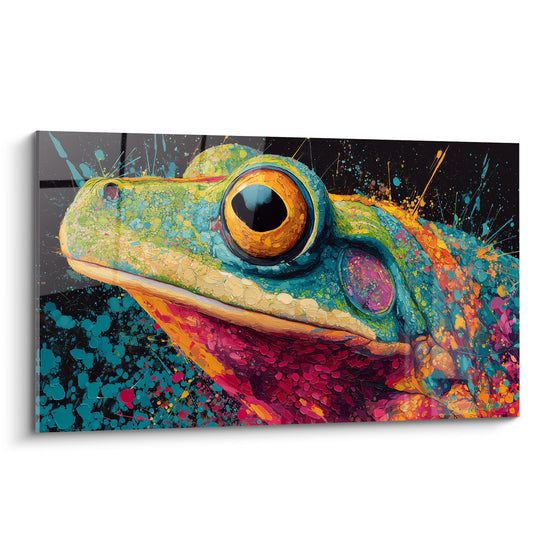 Grenouille turquoise et fuchsia, œil doré perçant, éclaboussures colorées sur fond noir profond
