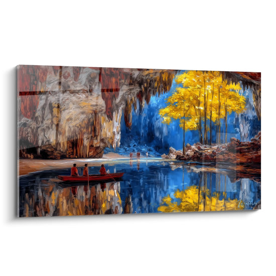 Tableau mural grotte cenote avec barque rouge sur eaux turquoise et formations rocheuses dorées