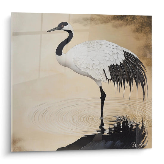 Tableau grue élégant blanc et noir signé Walensky avec reflet dans l'eau sur fond beige