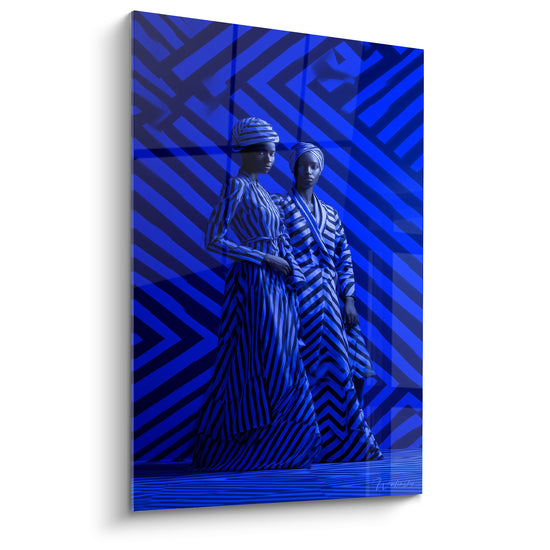 Tableau Mannequins bleu marine à rayures graphiques - Défilé hypnotique - Edition Haute couture