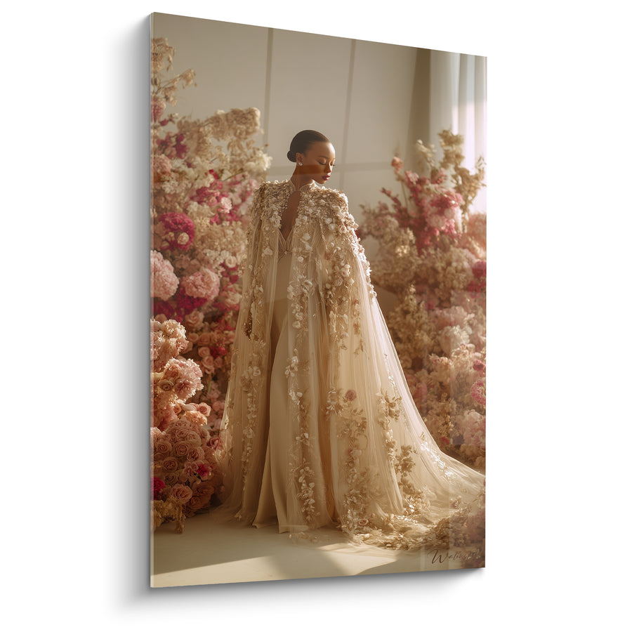 Tableau Cape ivoire et rose brodée de fleurs - Jardin de roses - Edition Haute couture