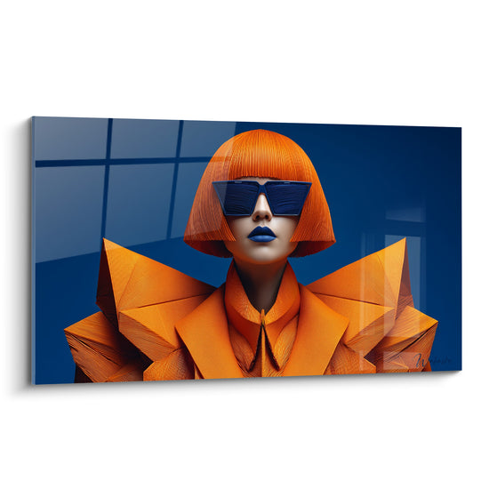 Silhouette haute couture aux épaulettes orange origami et lunettes bleu marine sur fond sombre