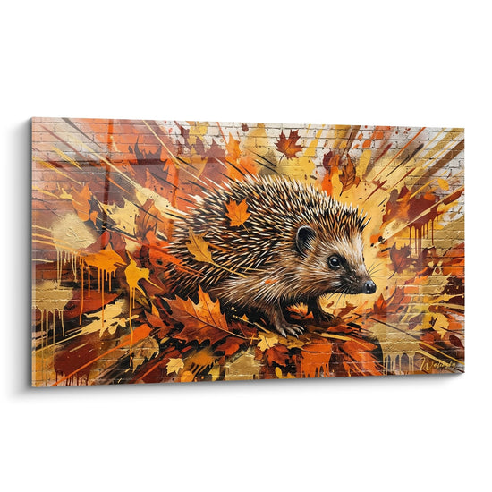 Tableau hérisson réaliste sur fond briques avec explosion feuillages dorés oranges automne