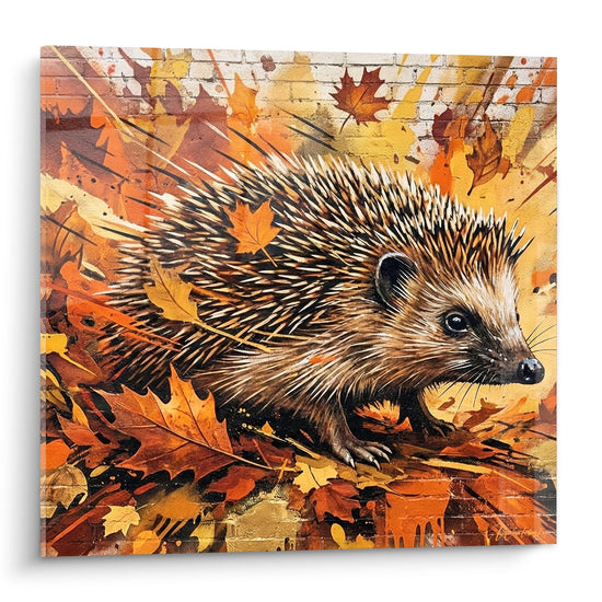 Tableau artistique hérisson dans feuillage automnal doré et orange, style réaliste sur fond rustique