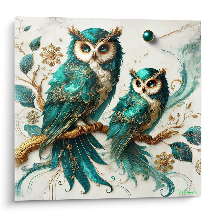 Tableau Hiboux turquoise aux motifs dorés perchés - Complicité précieuse - Edition Hibou
