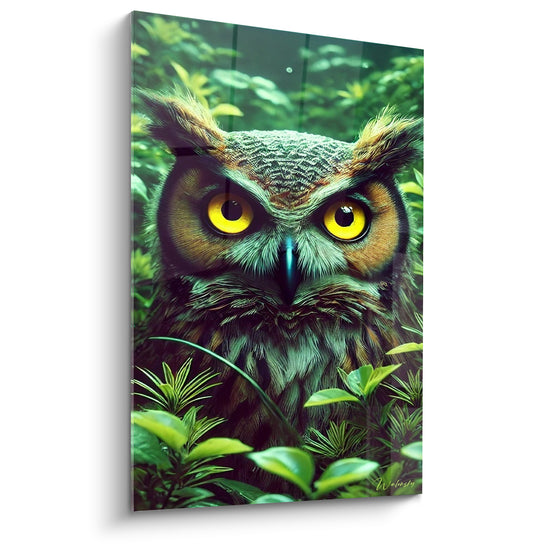 Tableau Hibou vert et doré caché feuillage - Regard tapi dans l'ombre - Edition Hibou