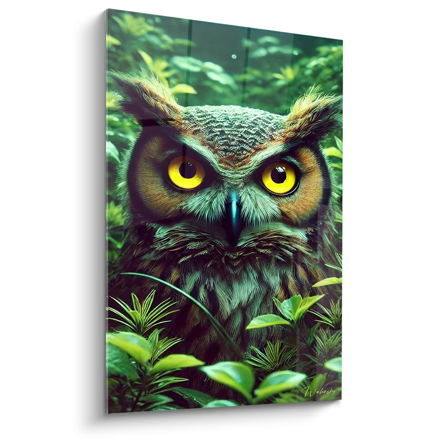 Tableau Hibou vert et doré caché feuillage - Regard tapi dans l'ombre - Edition Hibou