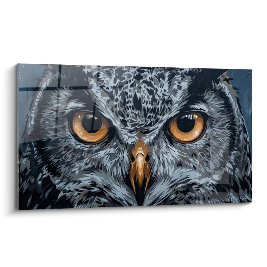 Tableau hibou aux yeux dorés sur fond gris urbain - Regard perçant - Edition Street art pochoir