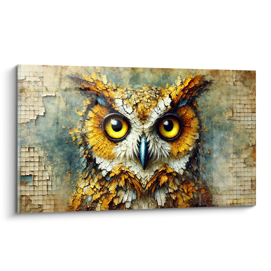 Hibou aux yeux jaunes perçants, plumage doré et brun texturé façon mosaïque fissurée