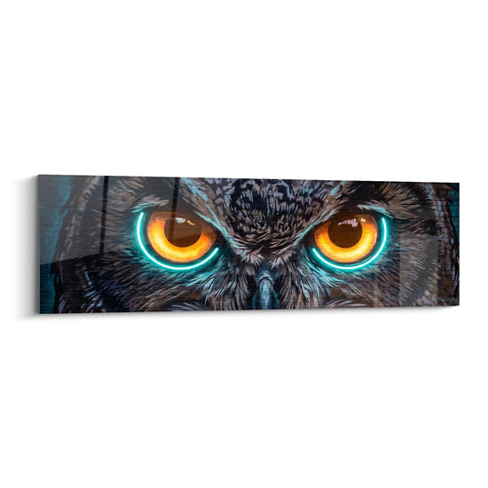 Tableau hibou yeux orange lumineux auras turquoise plumage détaillé street art néon électrique