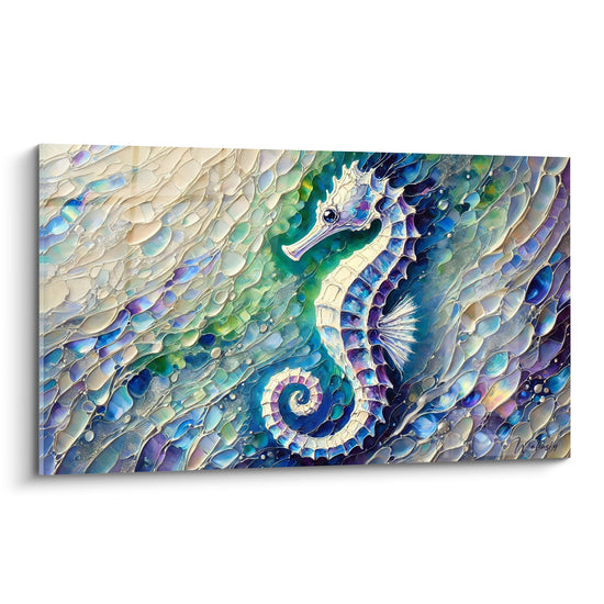 Hippocampe bleu marine et violet nacré, écailles mosaïquées, queue enroulée en spirale dorée