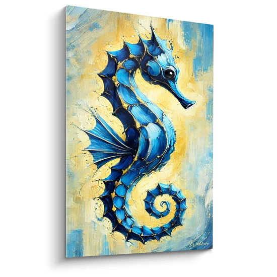 Tableau Hippocampe bleu et jaune aux nageoires déployées - Danse marine dorée - Edition Hippocampe
