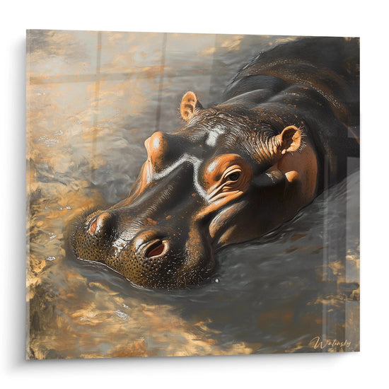 Tableau hippopotame Walensky représentant un hippopotame réaliste plongé dans l'eau aux reflets dorés