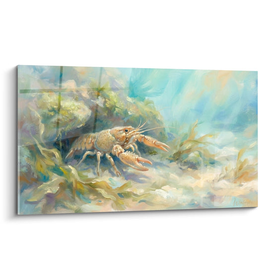 Tableau aquarelle homard orange dans environnement marin bleu vert impressionniste délicatesse marine