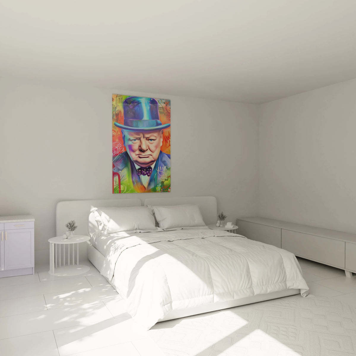 tableau Winston Churchill haut de gamme Walensky portrait coloré style pop art accroché au dessus du lit