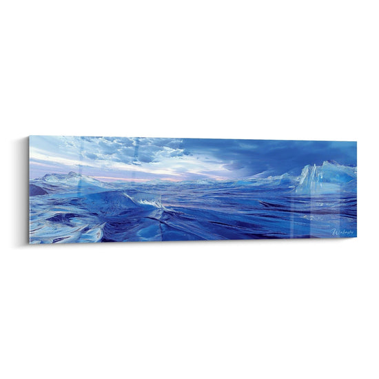 Un tableau mer représentant un vaste paysage marin aux teintes bleues dominantes, avec des formations glacées émergeant des vagues, sous un ciel aux nuances crépusculaires roses et bleutées, offrant une texture fluide et ondulante à la surface de l'eau.
