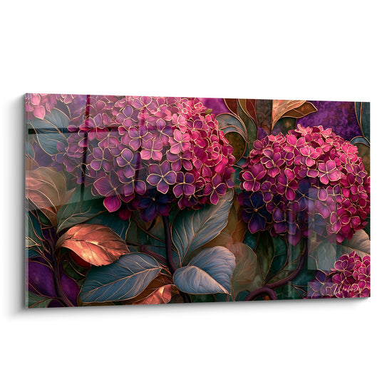 Hortensias fuchsia et violine aux contours dorés façon vitrail sur fond feuillu anthracite
