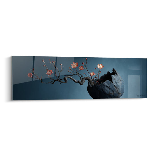 Tableau branche fleurie et vase noir sur fond bleu profond - Sérénité Zen - Edition Ikebana