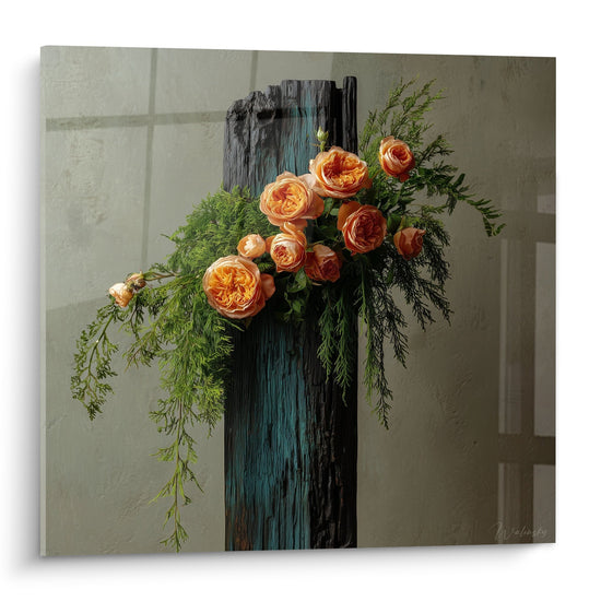 Composition florale Ikebana roses orange et verdure sur bois carbonise yakisugi art floral japonais contemporain