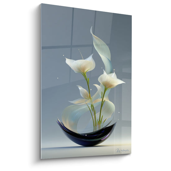 Tableau ikebana composition florale vase noir fleurs blanches reflets dores fond bleu gris art zen moderne