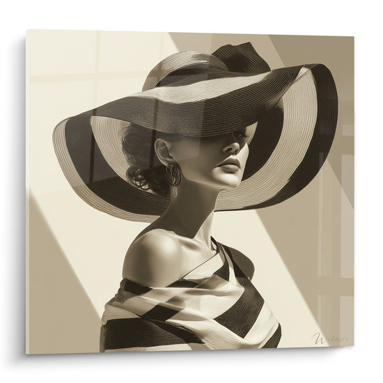 Silhouette au chapeau tressé noir et ivoire, profil sépia sur fond géométrique beige clair