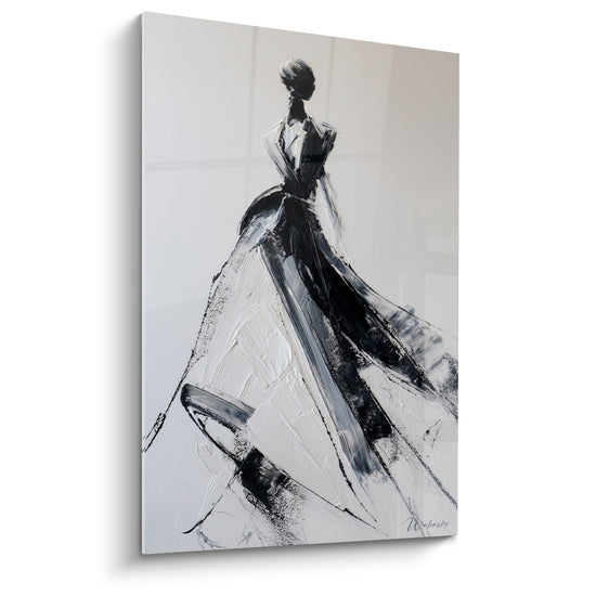 Silhouette en robe noire et blanche, traîne texturée au couteau, illustration de mode élégante