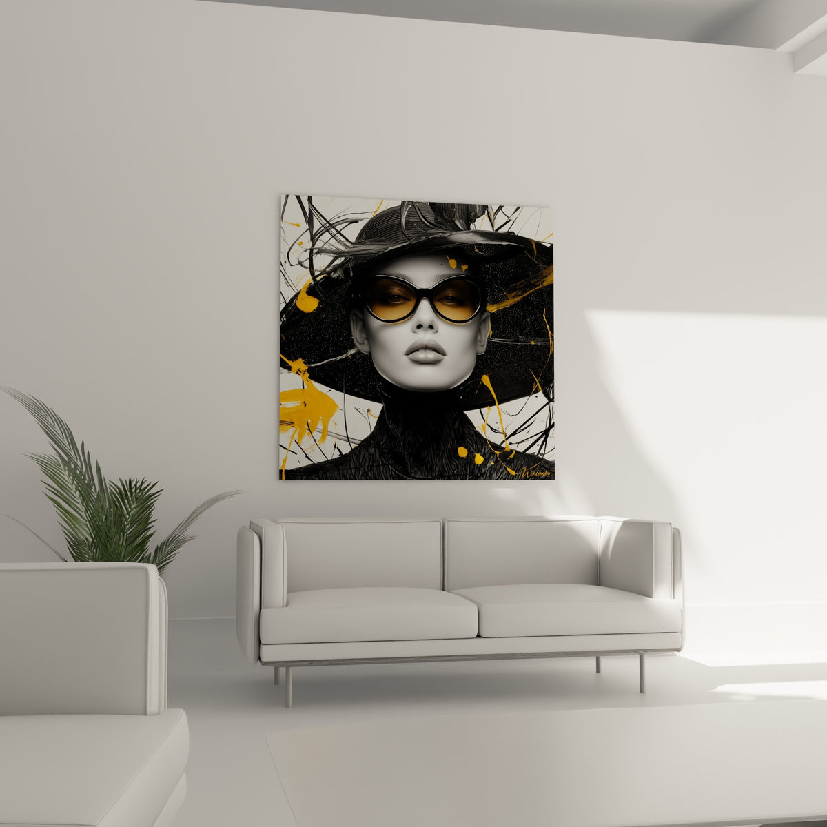 Visage aux lunettes ambrées et coulures jaunes, illustration de mode au-dessus d'un canapé dans un salon lumineux